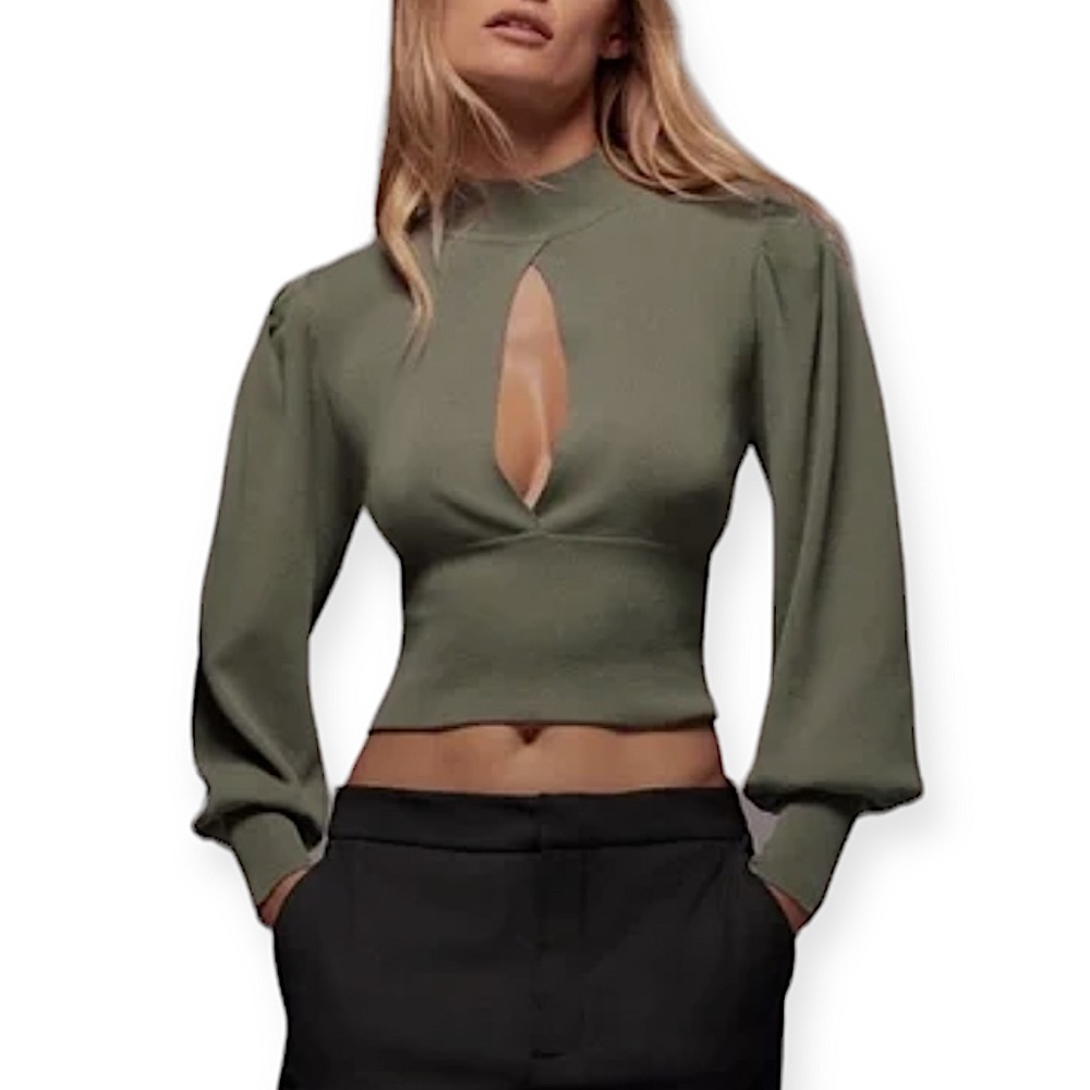 Zara Olive Green ribbed Puff Sleeve Key Hole knit Top Size M